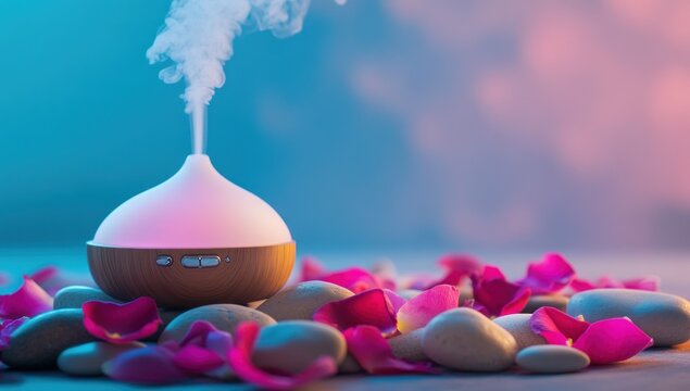 Aromatherapy diffuser with essential oils creating a calming atmosphere of relaxation and well being
