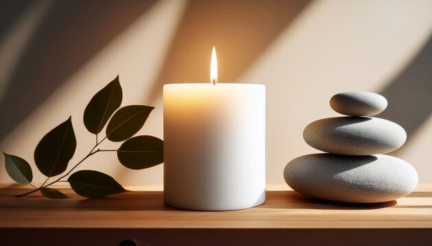 a lit white pillar candle glows softly beside a stack of smooth grey stones on a wooden surface with a gentle leaf shadow on the wall