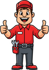Obraz premium Smiling Cartoon Mechanic Giving Thumbs Up Approval on White Background, Automotive Repair Professional Mascot Exuding Positivity, Success, and Confidence for Service Industry Marketing, Construction,