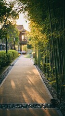 Obraz premium Tranquil Pathway Surrounded by Lush Bamboo and Vibrant Greenery