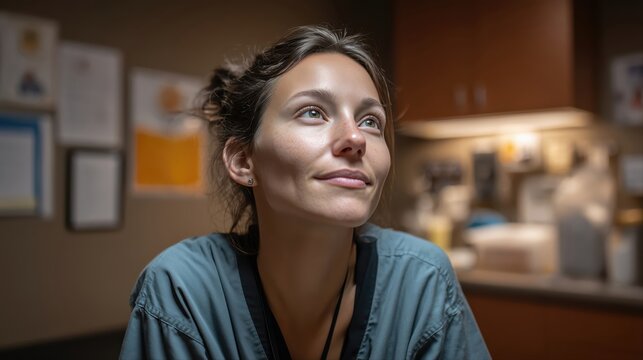 Jeune femme souriante regardant vers le haut dans un laboratoire