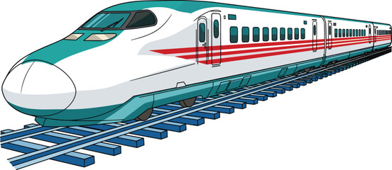 High-Speed Train on Tracks Delivering Passengers to Destinations, Modern Bullet Train Travel Concept for Business, Technology, and Tourism Applications, Cartoon Vector Illustration in Linear Style, Fa