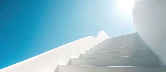 Ascending to serenity, A minimalist view of white stairs against a vibrant blue sky