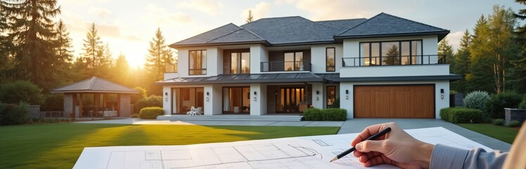 Pro architect hand draws detailed house plans for new luxury custom home project. Modern residential building construction design unfolds on paper, showing many details. Person sketches dream