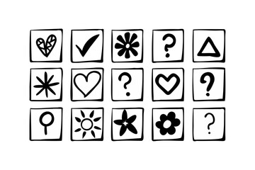 Collection of Hand Drawn Icons on White Squares symbol