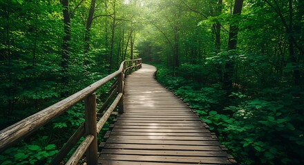 Obraz premium Escape to serenity with a peaceful walk on this wooden path in the lush green forest, perfect for wellness retreats and nature-inspired designs