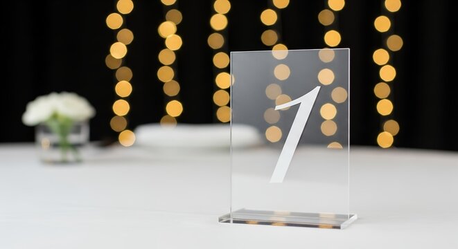 Elegant table number one on a white tablecloth with blurred lights background. Concept for wedding reception, anniversary celebration and event planning