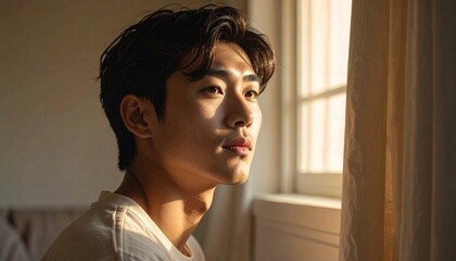 A soft portrait in warm window light with neutral tones, gentle expression and a calm intimate mood.
