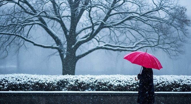 Brave the winter wonderland with a vibrant red umbrella for seasonal campaigns or travel blogs, capturing a serene yet bold moment against the snow