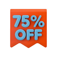 75 _ sale Off Banner 3d icon in cartoon plastic style minimal isolated on transparent white background, clipping path