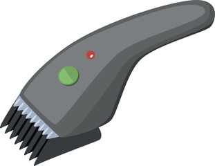 A gray electric hair trimmer with a green button