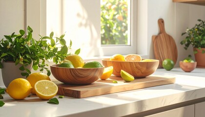 A fresh kitchen scene with wooden bowls, citrus fruits, warm daylight and a clean healthy-living composition.

