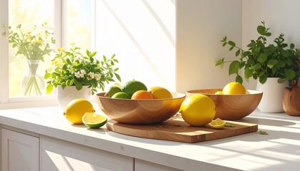 A fresh kitchen scene with wooden bowls, citrus fruits, warm daylight and a clean healthy-living composition.
