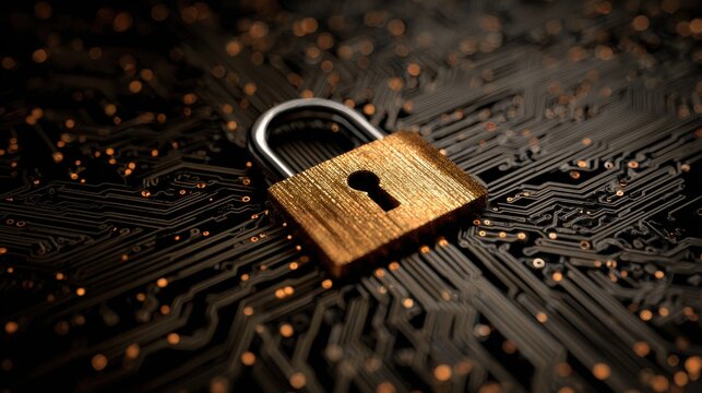 Secure Digital Lock on Circuit Board Background with Glowing Elements Representing Cybersecurity, Data Protection, and Privacy in Technology
