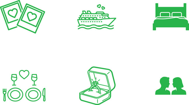 Romantic honeymoon vacation and wedding anniversary celebration line icons depicting a cruise ship engagement ring photos romantic dinner couple and comfy bed to celebrate love