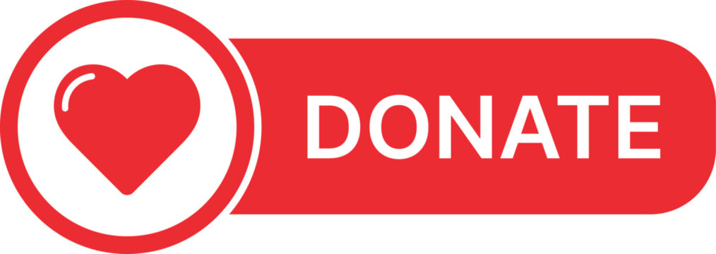 Red donate button with white heart icon and text vector red button