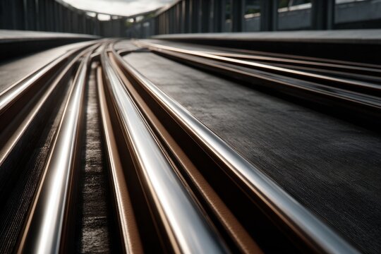 Low angle view of parallel railway tracks with warm sunlight reflections