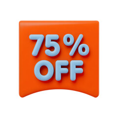 75 _ sale Off Banner 3d icon in cartoon plastic style minimal isolated on transparent white background, clipping path