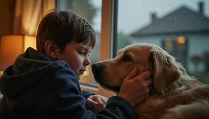 Boy and dog looking out rainy window together