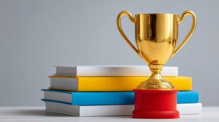 A gold trophy sits on top of a stack of books. The trophy is surrounded by books of various sizes and colors, creating a sense of accomplishment and achievement. Concept of hard work