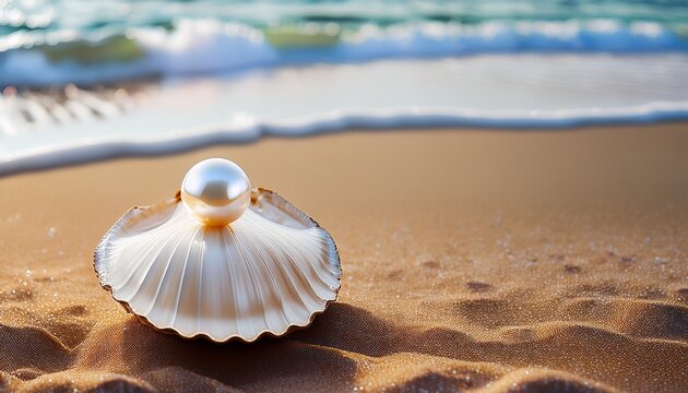peal shell with a gigantic pearl on the sand by the beach wave beauty and rarity of perfect pearls