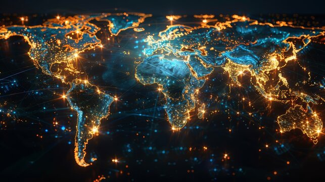 Futuristic abstract map of continents showcasing globalization and virtual data exchange