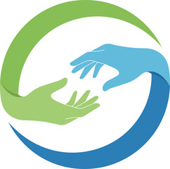 Two hands reaching for each other within a green and blue circular frame helping support