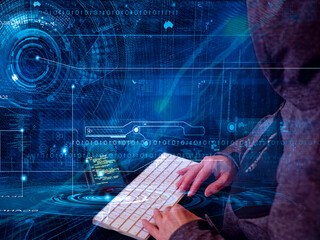 Modern digital illustration showing a hacker working on a keyboard surrounded by futuristic interfaces, data streams and high-tech virtual elements. Concept of cybersecurity