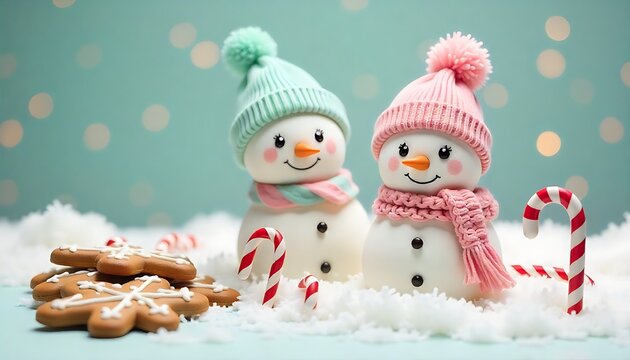 Adorable snowmen wearing cozy hats and scarves surrounded by gingerbread cookies and candy canes create a joyful winter holiday scene