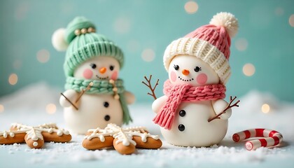 Charming snowman figurines with gingerbread cookies for delightful holiday promotions and seasonal greetings, spreading warmth and cheer