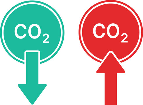 Green CO2 decrease icon and red CO2 increase icon on white carbon dioxide