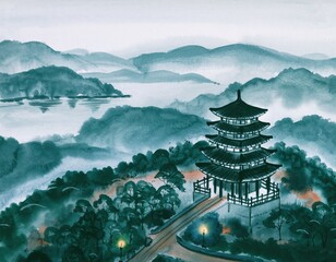 Obraz premium Serene Landscape with Traditional Pagoda and Misty Mountains