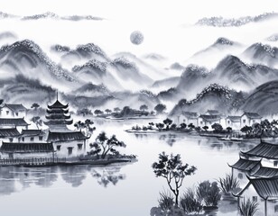 Obraz premium Serene Chinese Landscape with Mountains and Reflections in Water