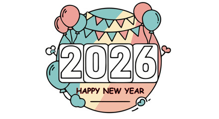 Festive 2026 New Year Celebration Design with Balloons and Bunting.