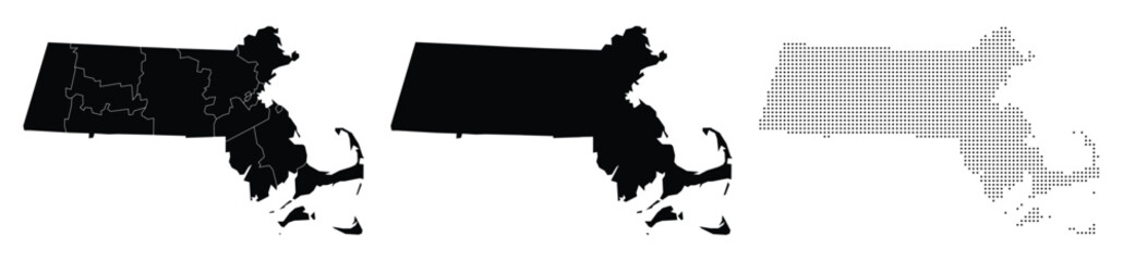 Massachusetts State Silhouette Vector Map with Counties and Points