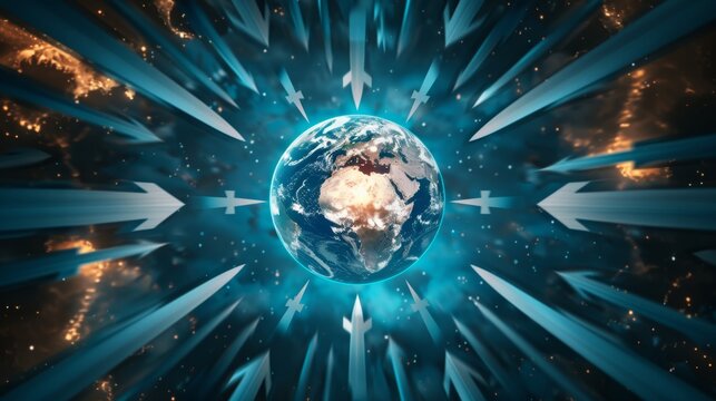 Global economic growth depicted with upward arrows and a glowing earth for the 2025 new year fairs