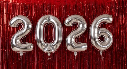 Silver foil balloons forming the year 2026 hanging against a shimmering red tinsel curtain background
