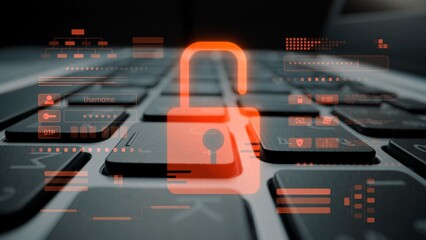 Digital security concept illustrating a cybersecurity breach, with a red unlocked padlock indicating data exposure among secure systems, emphasizing system vulnerability and risk Marrow