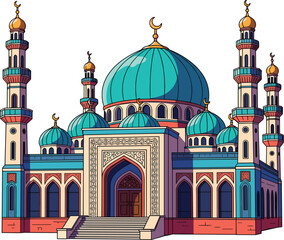 Detailed Cartoon Mosque Illustration with Minarets and Domes Standing Majestically Against a Plain White Background, Ideal for Ramadan, Eid, and Islamic Cultural Events, Religious Presentation, Educat
