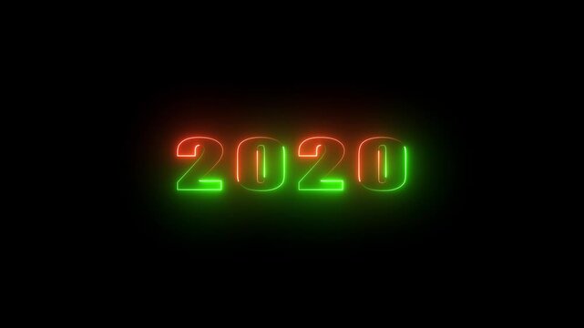 Glowing Neon Numbers 2020 in Red and Green on Black Background new year
