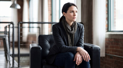 Thoughtful Young Woman Sitting In Leather Armchair Waiting For Job Interview In Modern Loft Office