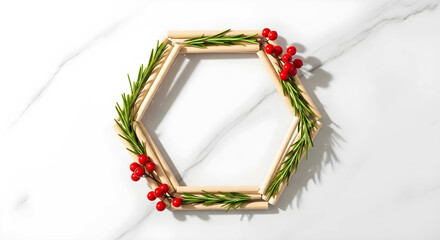 木とローズマリーで作る六角形の幾何学的なクリスマスリース　大理石背景とコピースペース