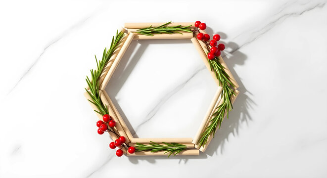 木とローズマリーで作る六角形の幾何学的なクリスマスリース　大理石背景とコピースペース