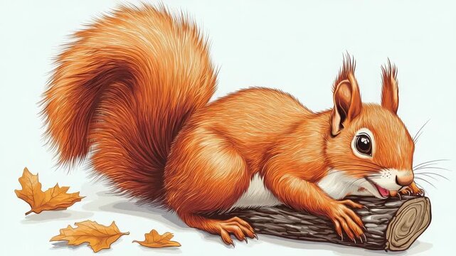 Cute Orange Squirrel Perched on a Log with Autumn Leaves