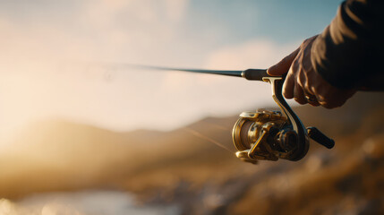 Hand reel rod casting at golden sunrise with calm sea and distant hills evoking peaceful focus