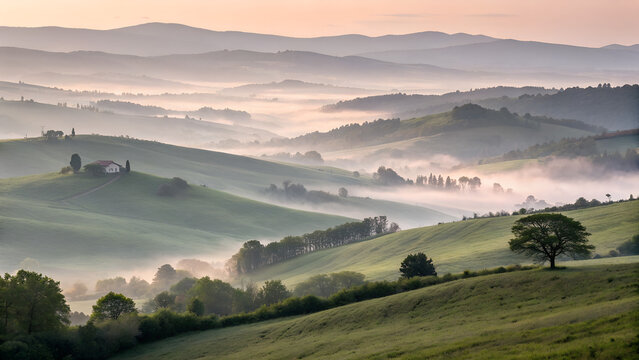 rolling hills illuminated in pastel, luminous mists.