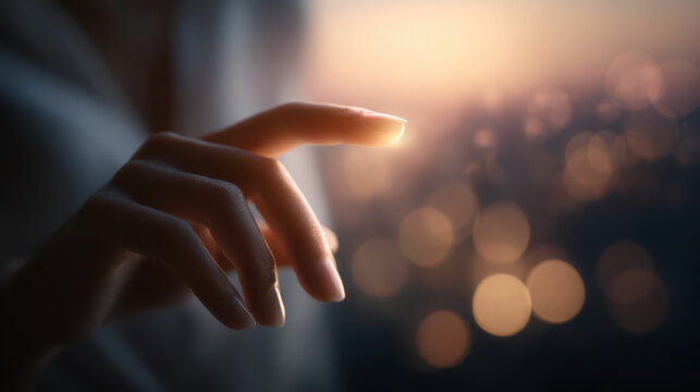 Soft fingertip reaching toward warm bokeh light at sunset, gentle touch and calm mood - Powered by Adobe