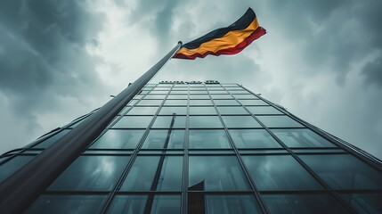 German flag waves on a flagpole in front of a modern glass building Image