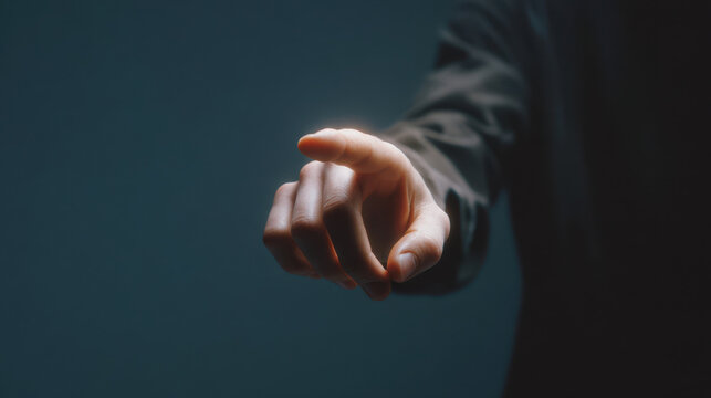 Pointing finger hand gesture index finger fingertip close up dramatic lighting shallow depth of field dark background