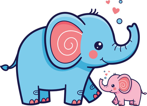 Cute Elephant Mother with Baby Calf Walking Together: Adorable Cartoon Animals in Love, Whimsical Children's Illustration for Nursery Decor, Baby Shower Invitations and Pediatric Healthcare Marketing,